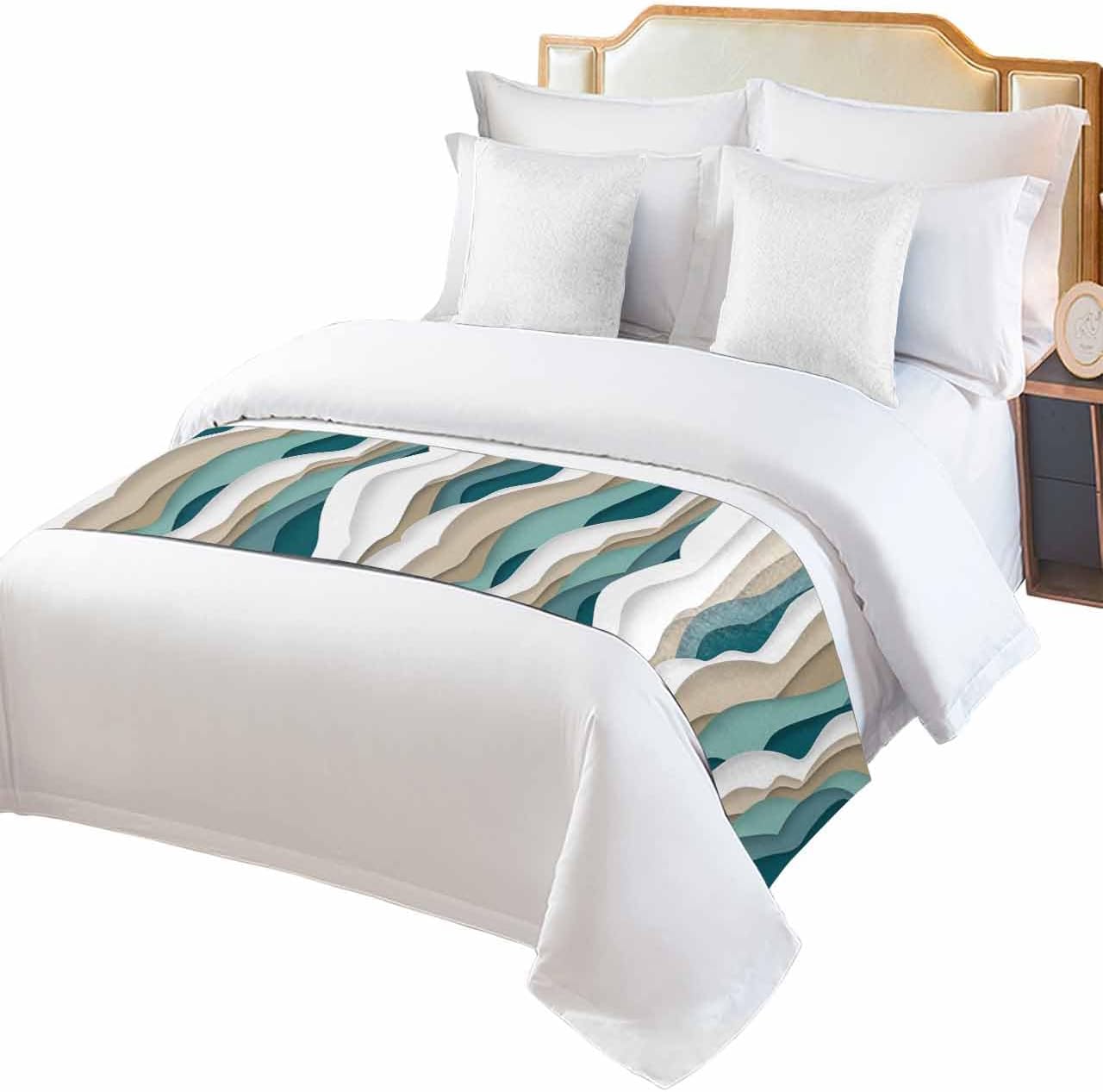 Camino de cama marrón turquesa con olas oceánicas para cama de tamaño King, protector de bufanda, manta de cama decorativa para dormitorio, hotel,
