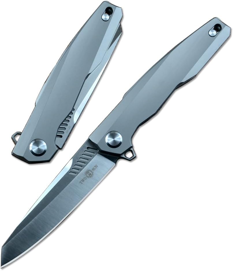 TwoSun Cuchillo TS88 M390 Hoja Mango de Titanio Novedad Espiga y Mortaja Trabajo (mango gris)
