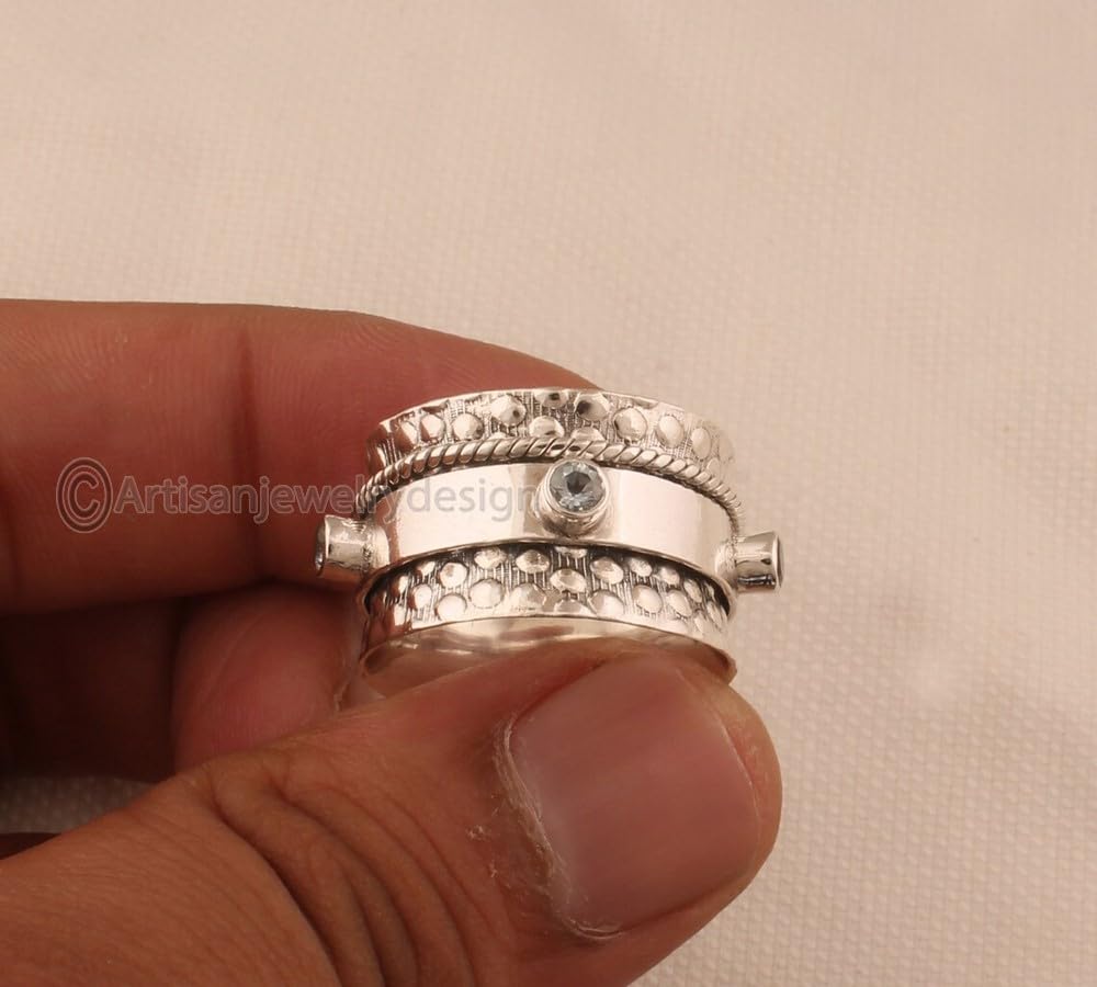 Blue Topaz Silver Ring, 925 Silver Ring, Handmade Silver Ring, Statement Silver Ring, Topaz Stone Ring, Fidget Spinner Ring, Ethnic Silver Ring,