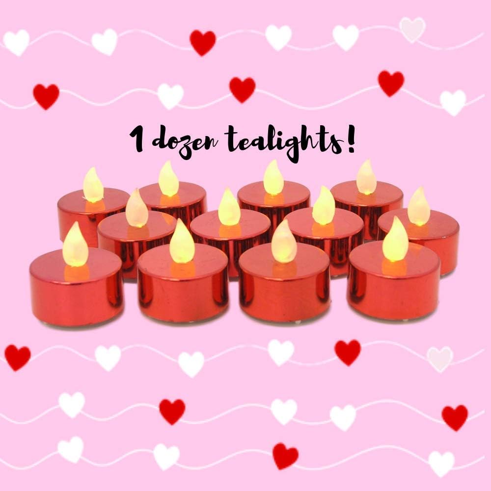 BANBERRY DESIGNS Velas de té LED rojas, juego de 12 velas de té rojas metálicas sin llama, funciona con pilas, decoración de mesa para bodas,