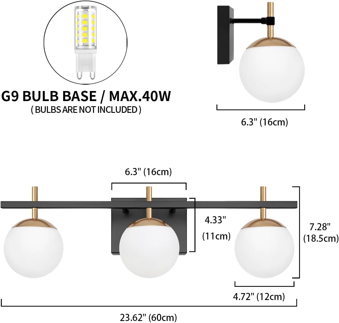 Lámpara de baño de oro negro, 3 luces de mediados de siglo moderna sobre espejo, lámpara de tocador de baño con vidrio lechoso, lámpara de pared