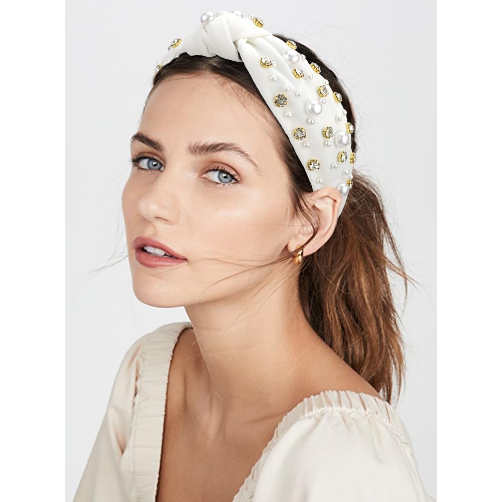 Atoden Diademas anudadas blancas con diamantes de imitación de perlas para mujer, diademas anchas con nudo superior con cuentas, bandas de cabeza