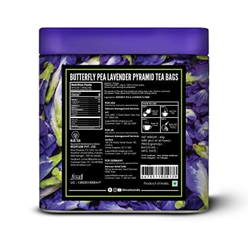 BLUE TEA – Té de lavanda con flores de guisante de mariposa – 30 bolsas de té pirámides  Sin cafeína – calmante y alivio del estrés  Para colorante