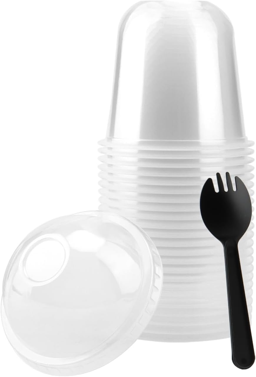 Paquete de 100 vasos de plástico transparente de 12 onzas con tapas de cúpula y tenedores, vasos desechables de postre con tapas, recipientes