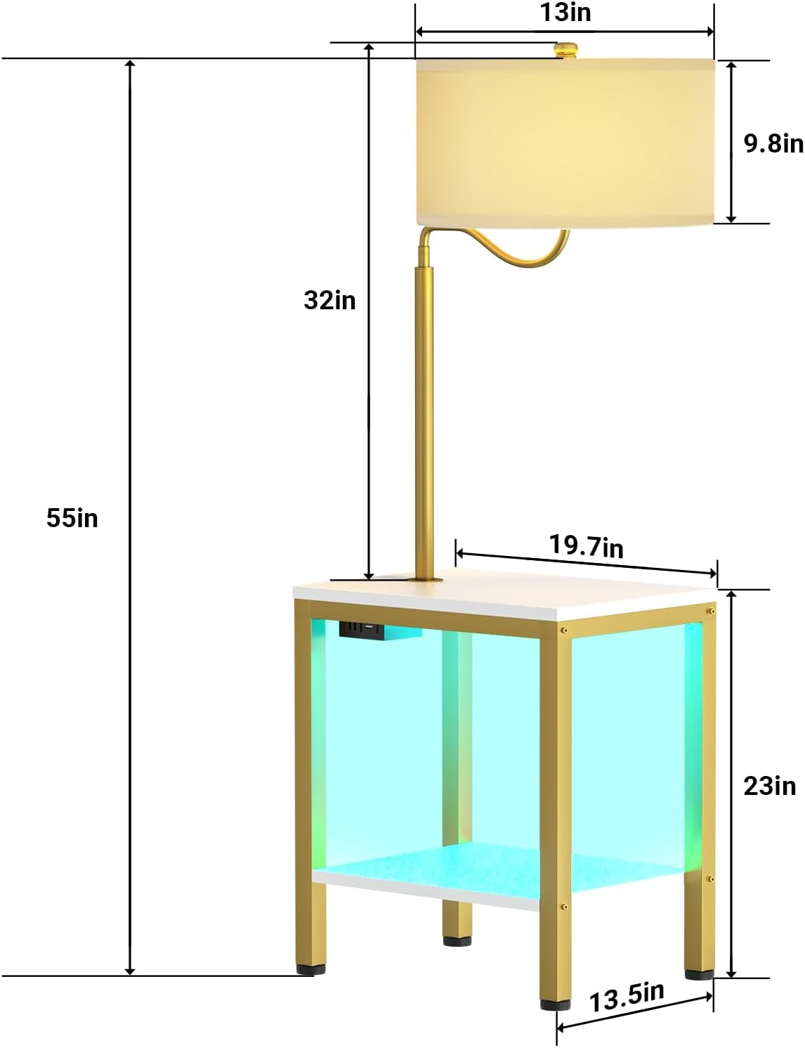 Lámpara de pie LED con mesa, mesa auxiliar con luz LED y toma de corriente, mesita de noche con lámpara, mesa auxiliar con lámpara adjunta para sala