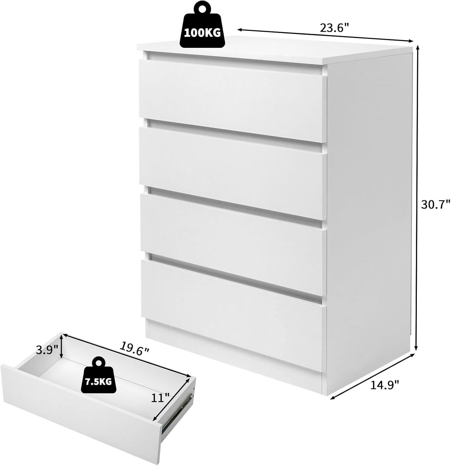 Karl home Cómoda blanca de 4 cajones para dormitorio, cómoda de madera con cajones profundos, cómoda alta con asas recortadas, cómoda de madera