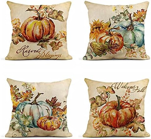 rouihot Juego de 4 fundas cuadradas de lino de 22 x 22 pulgadas, color naranja otoñal, calabaza, acuarela, decoración del hogar, fundas de cojín