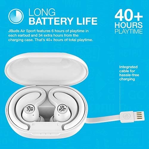 JLab JBuds Air Sport True Auriculares Bluetooth inalámbricos + funda de carga, blanco, resistencia al sudor IP66, conexión Bluetooth 5.0 clase 1,