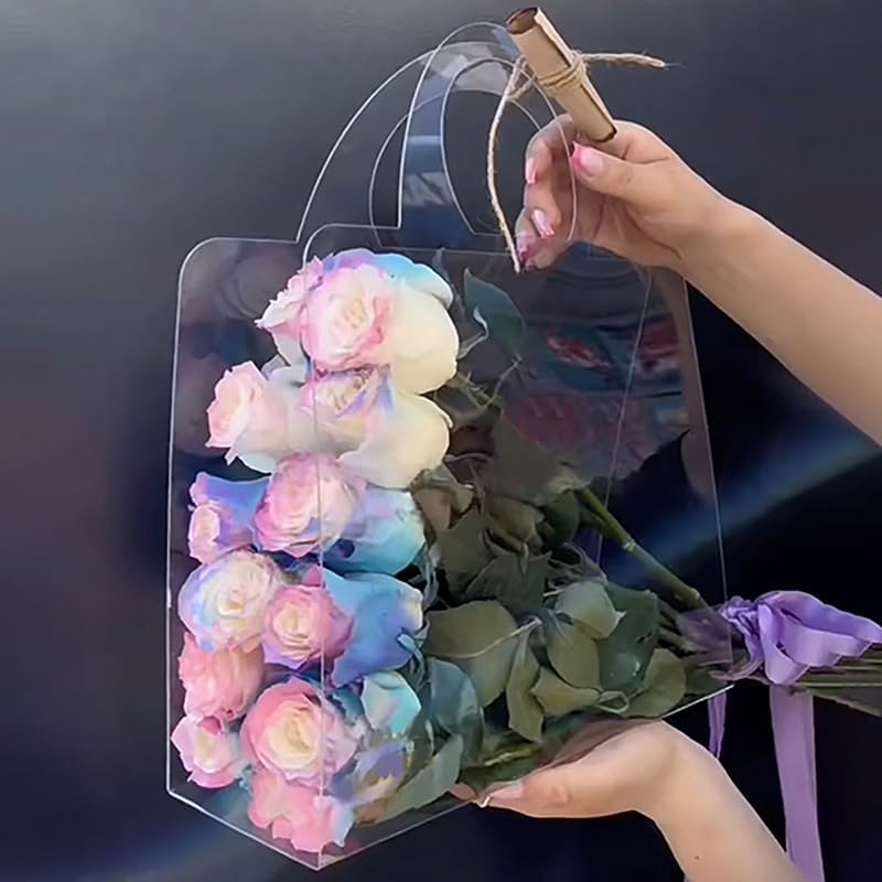 YAMSLAM Caja de flores transparente con asa Bolsas de embalaje de flores portátiles regalo Contatiner bolso de boda rosa envoltura caja de regalo de