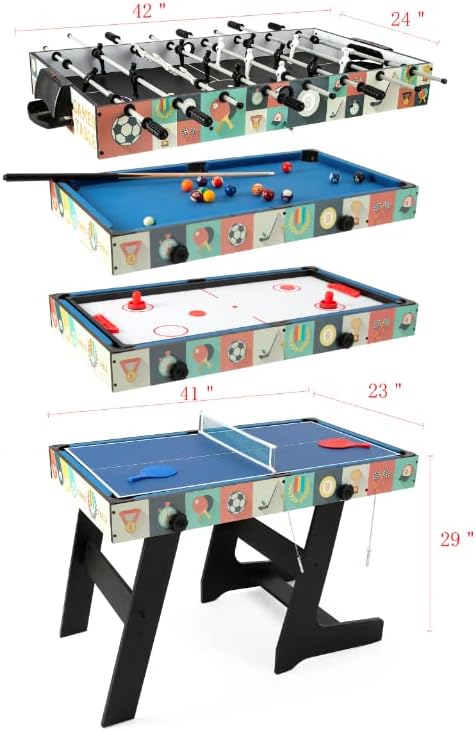 Mesa de juego combinada 4 en 1 multifunción, mesa de futbolín de fútbol, mesa de billar, mesa de hockey de aire, mesa de tenis de mesa con patas