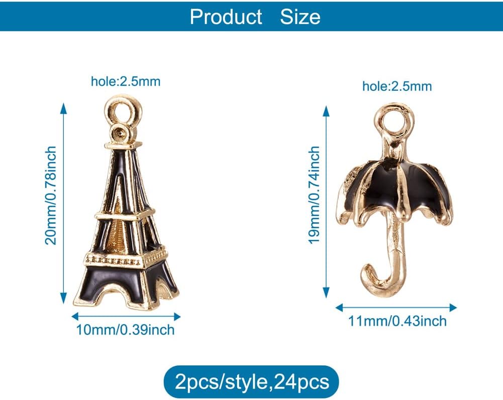 KISSITTY 24 unidadescaja 3D paraguas y torre Eiffel esmaltados encantos 12 estilos de aleación de oro claro colgantes 0.748×0.433 in y 0.787×0.394