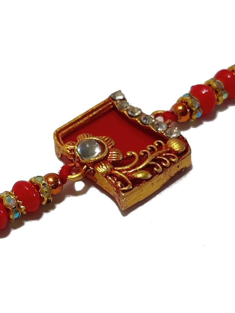 Cesto de regalo Blissful Rakhi con piedra de rubí y Roli, Chaval, tarjeta, chocolates