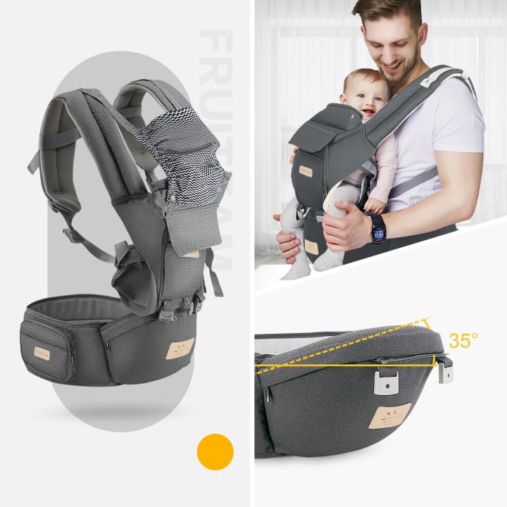 FRUITEAM – Portabebés certificado de seguridad con asiento a la cadera – Portabebés para todas las posiciones – Portabebés delantero y trasero para