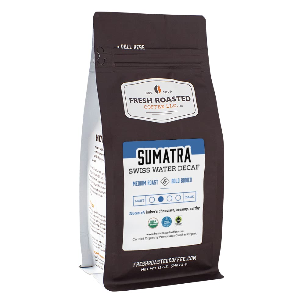 Fresh Roasted Coffee, Sumatra – Descafeinado suizo de agua, 12 onzas, comercio justo Kosher, grano entero tostado medio