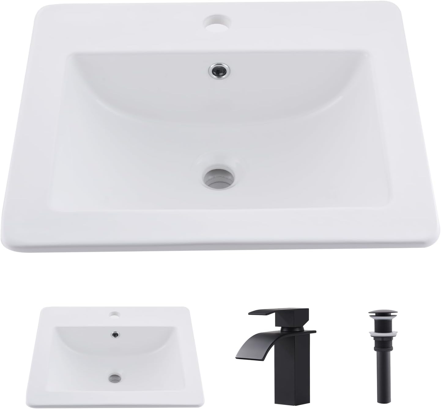 Fregadero de baño de 21 x 18 pulgadas, rectangular, color blanco, de porcelana, de cerámica, con grifo negro y desagüe desplegable