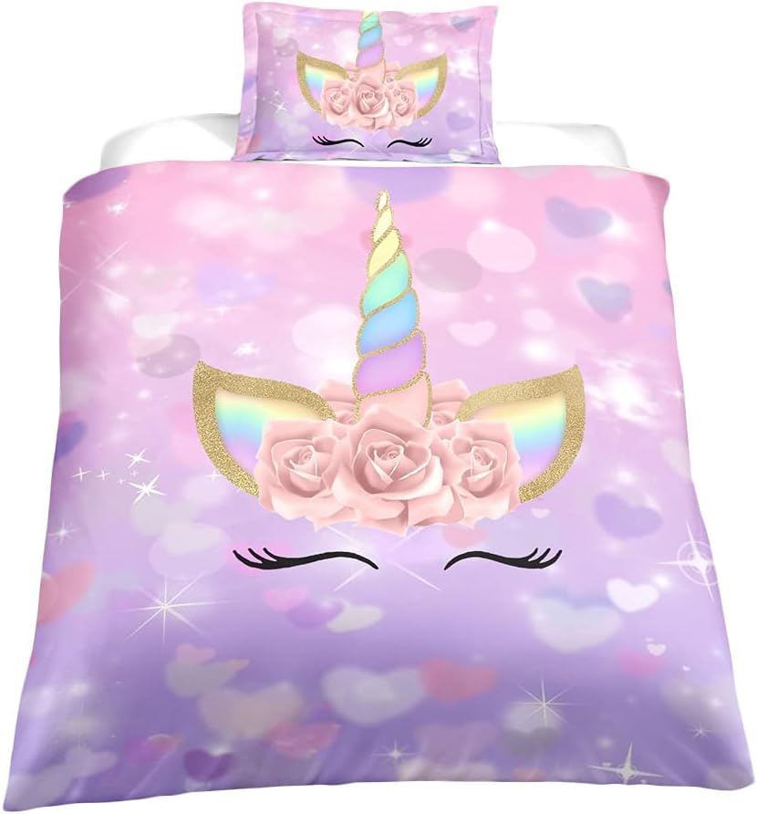 ADASMILE A & S Juego de ropa de cama de unicornio tamaño individual para niñas, juego de ropa de cama para niñas con estampado floral de corazón