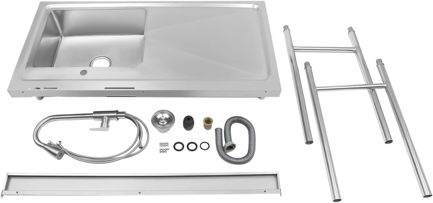 Fregadero de acero inoxidable de pie independiente, fregadero de cocina comercial de un solo tazón con banco de trabajo, fregadero de acero