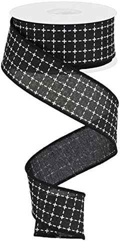 Cinta con alambre de cuadrados cosidos elevados negro y blanco – 1.5 pulgadas x 10 yardas (30 pies)