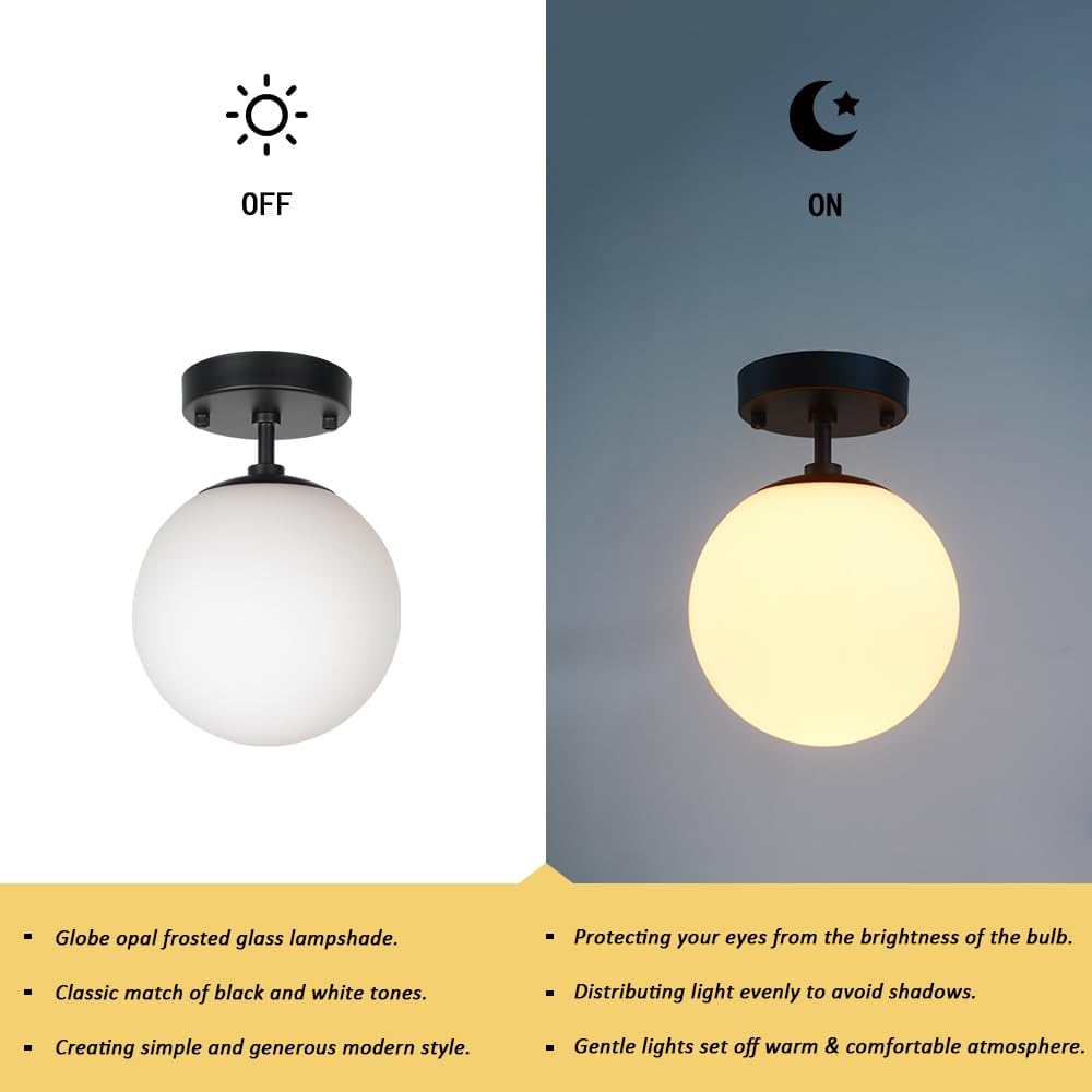 Beuhouz – Lámpara de techo semiempotrada con forma de globo, de metal negro de mediados de siglo, con pantalla redonda de vidrio blanco, 1 luz E26