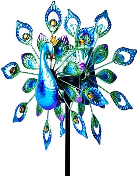 Molinillo de viento para exteriores, escultura de metal con energía solar, 15 pulgadas y 64 pulgadas de altura, cinético pavo real, bola de vidrio