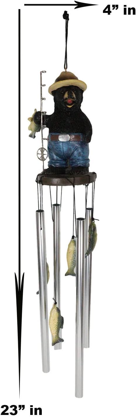 Ebros Gift Figura rústica de Hillbilly de pesca de campo occidental con caña y bajo, figura de corona, campanilla de viento resonante con peces