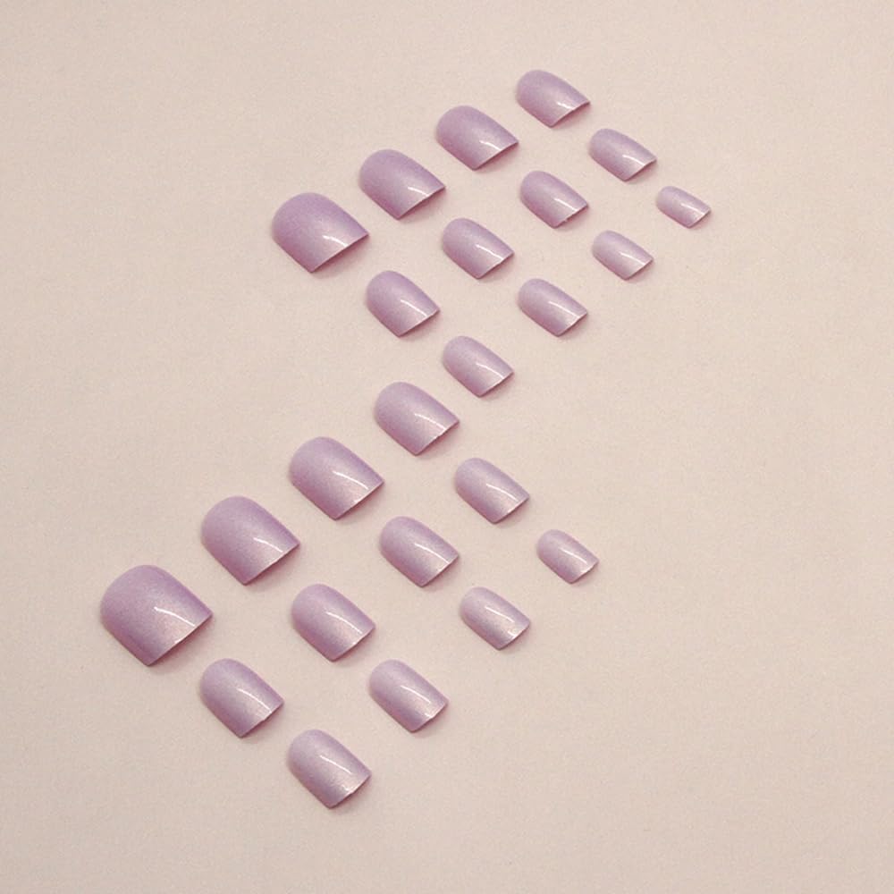 SHANRUN – Juego de 24 uñas postizas a presión color morado grisáceo, cuadradas, brillantes, brillantes, diseño aurora, cobertura completa, kit de