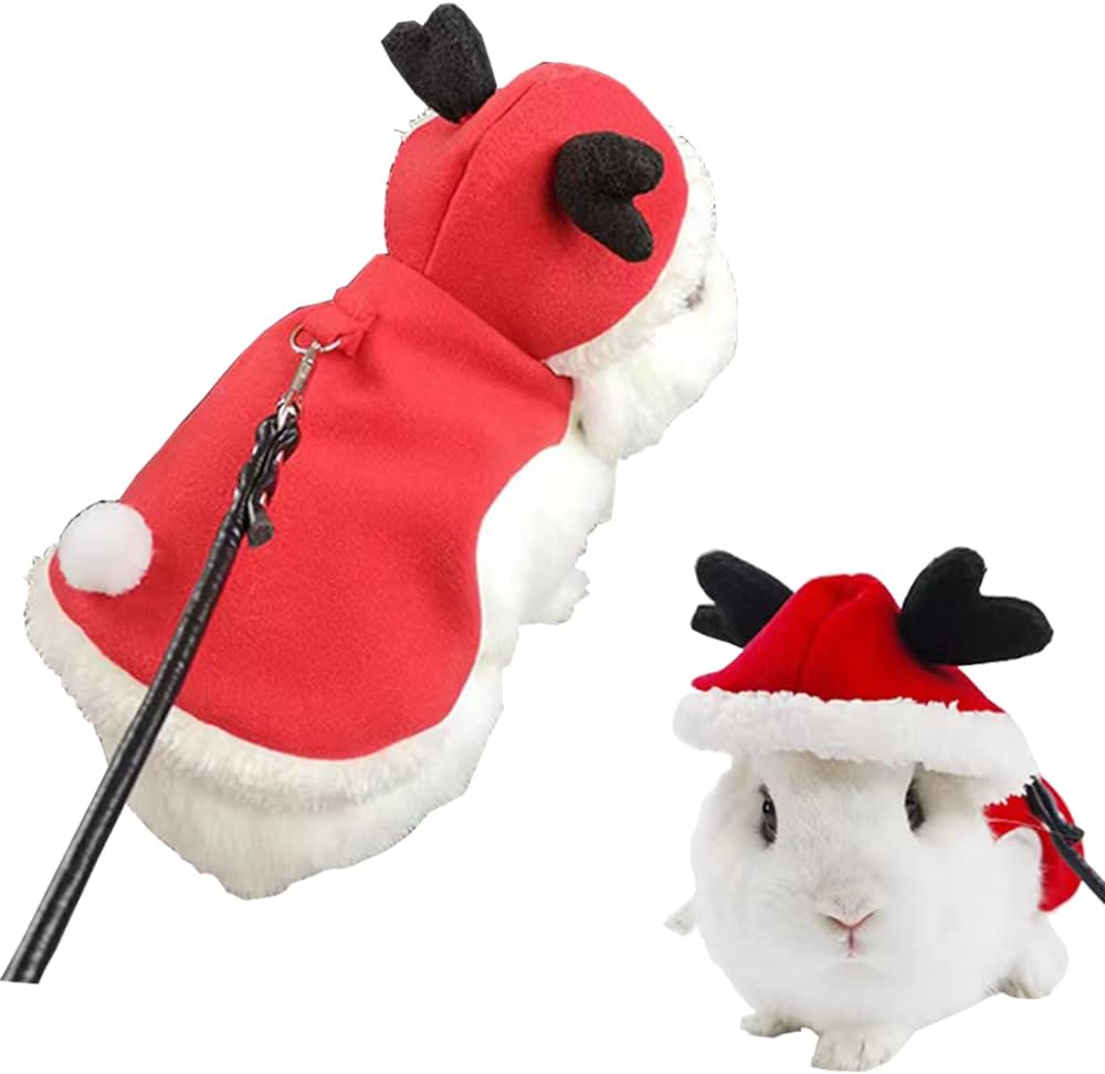 Disfraz de Navidad de animales pequeños para conejo, gatito, alce, capa con cuernos de ciervo, ropa de conejo con correa de conejo, traje de