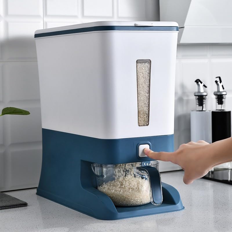 MJG Products, contenedor grande de almacenamiento de arroz de 25 libras, dispensador de alimentos con taza medidora para arroz, avena, frijoles y