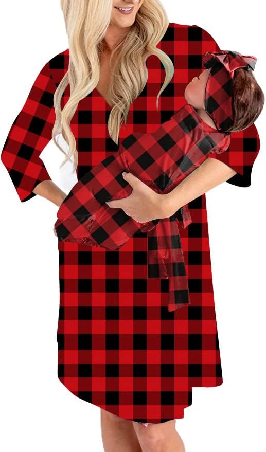 Conjunto de bata y manta de maternidad, trajes de mamá y bebé a juego, bata de hospital, manta y sombrero., Rojo Plaid