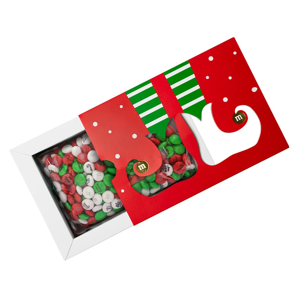 M&M’S Caja de regalo de Feliz Navidad de chocolate con leche, 1 libra de dulces de chocolate de M&M’S verdes, rojos y blancos con imágenes festivas