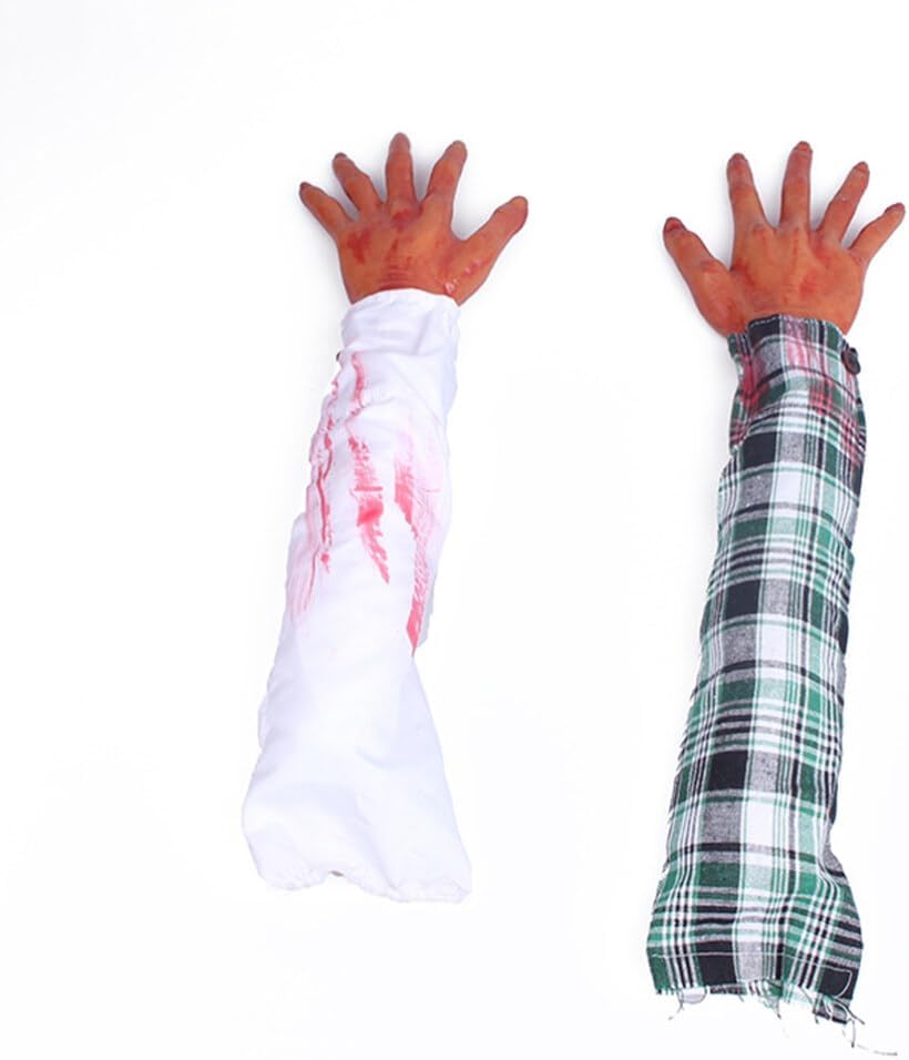 PRETYZOOM 2 piezas de brazo falso de Halloween, manos ensangrentadas rotas, partes del cuerpo de mano dividida, accesorios de miedo, broma para casa