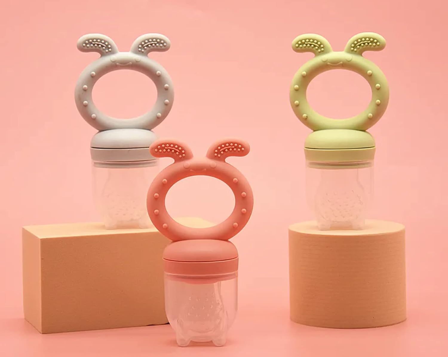 Chupete de silicona sin BPA para dentición de frutas frescas con tres tamaños diferentes de pezón, tapa de chupete y funda protectora en rosa, gris