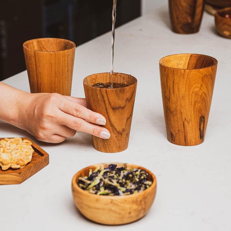 Juego de 2 tazas pequeñas de madera de teca javanesa de lados rectos, 6.8 onzas, ideal para técaféleche, bebidas calientes y frías, ultra duradero,