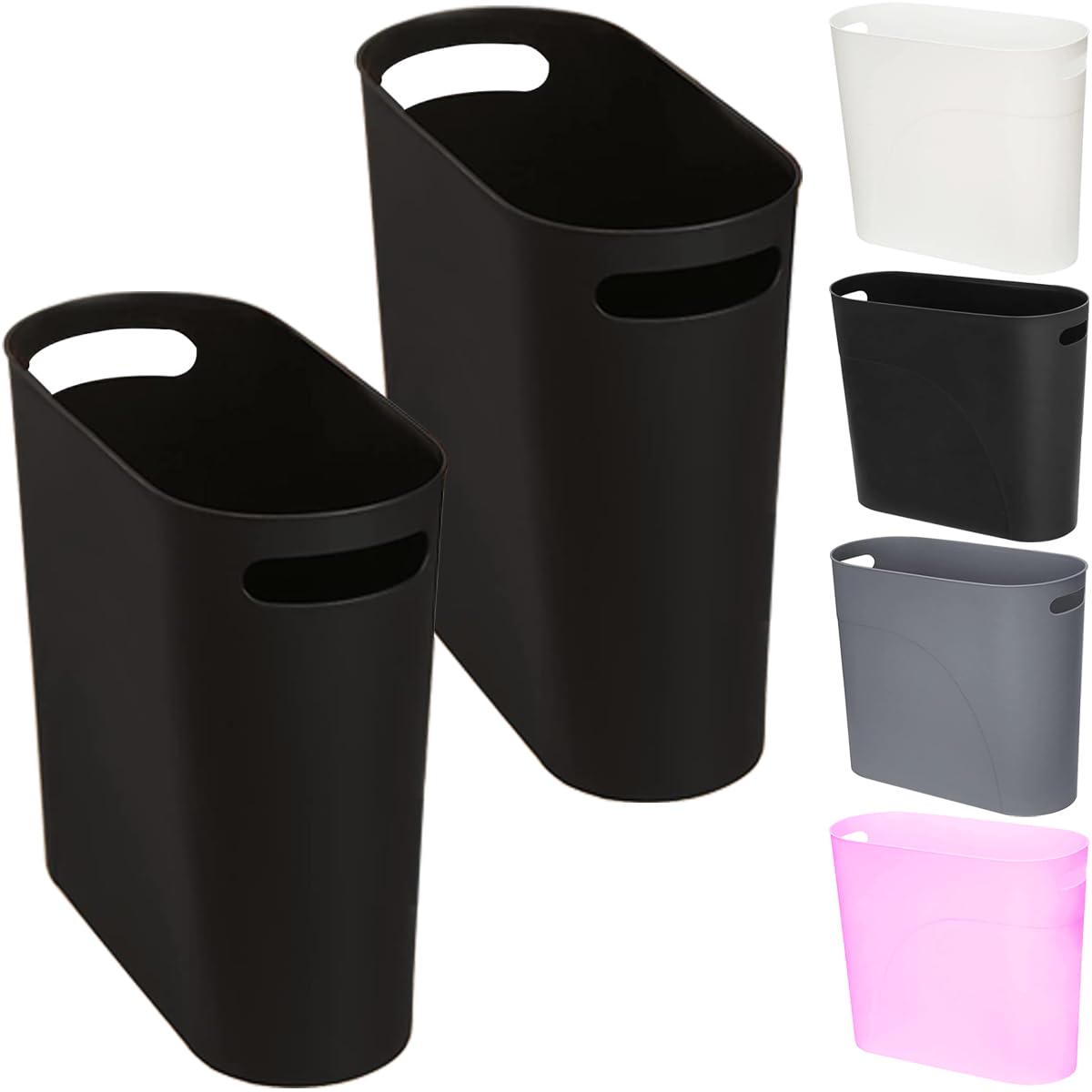 Cesta de basura delgada de 3.2 galones, color negro, paquete de 2, cubo de basura pequeño de plástico con asas, capacidad de 12 litros