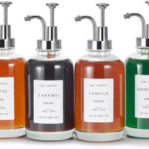 Accesorio de barra de café, dispensador de jarabe de café para barra de café y estación, botellas de jarabe de café de vidrio con etiquetas y bomba, Accesorio de barra de café, dispensador de jarabe de café para barra de café y estación, botellas de jarabe de café de vidrio con etiquetas y bomba,