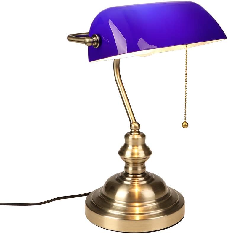 FIRVRE Lámpara de escritorio de cristal azul brillante ejecutiva lámpara de mesa base de acabado bronce con interruptor de cadena de tracción E26