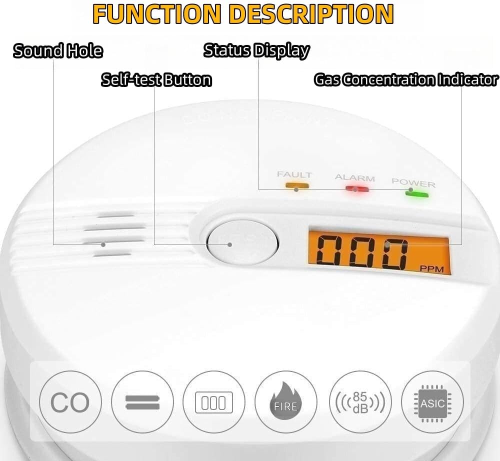 Detector de monóxido de carbono, alarma de 85 dB, botón de prueba, monitor de gas CO, alarma de monóxido de carbono, operación con batería, fácil
