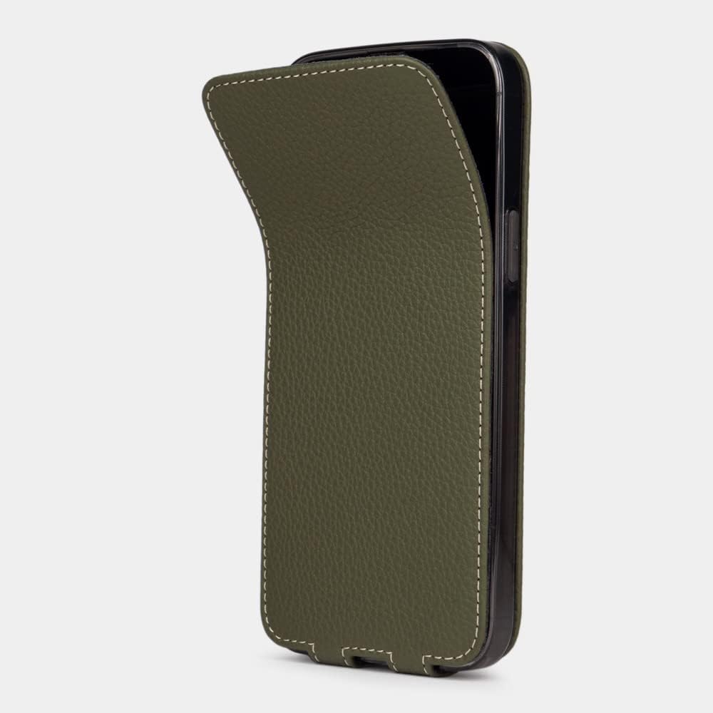Funda de piel protectora para iPhone 14 Pro Max – Modelo patentado – Ultra fina – Fabricada en Francia con piel natural – Verde