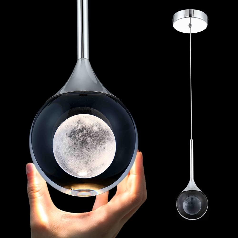 Lámpara colgante de cristal, moderna lámpara colgante de luna, 5 W, 1 luz, mini iluminación colgante para cocina, isla, dormitorio, sala de estar,