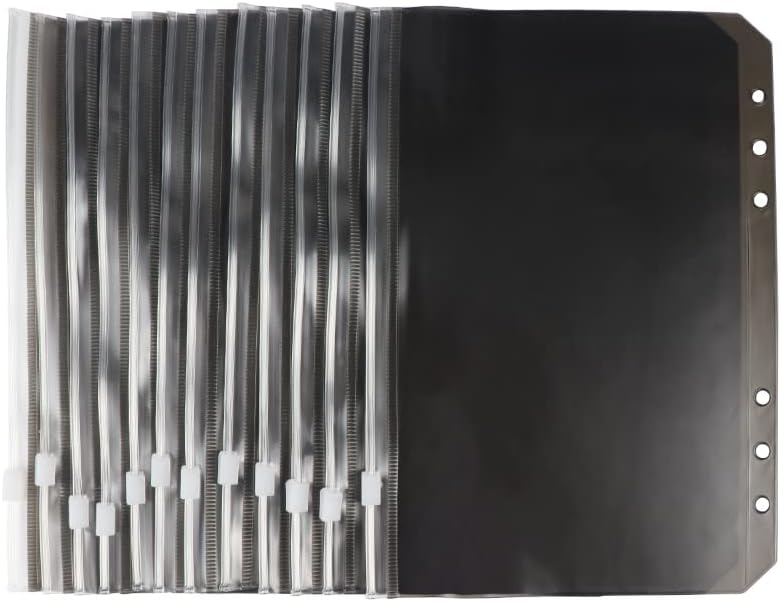 12 bolsillos A5 de PVC negro con cremallera, hojas sueltas, 6 anillas, organizador de PVC con cremallera para sobres diarios de efectivo, carpetas