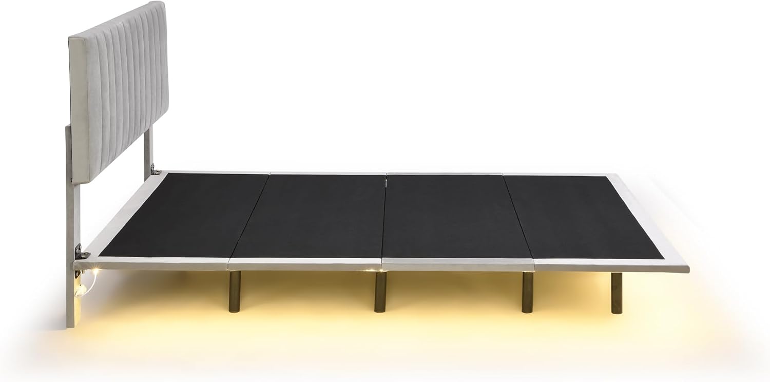 Merax Base de cama tapizada de terciopelo flotante tamaño Queen con sensor de luz y cabecero para adolescentes y adultos, color gris