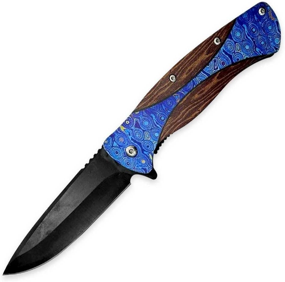 D9 Tactical Cuchillo de bolsillo plegable, cuchillo asistido por resorte con bloqueo de forro y agujero para cordón, mango impreso EDC cuchillo para