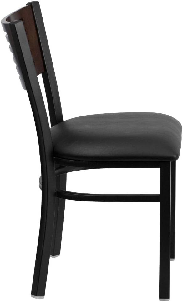 Flash Furniture HERCULES Series Silla de restaurante de metal con respaldo de listones negros, respaldo de madera de nogal, asiento de vinilo negro