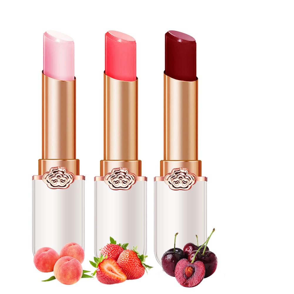 BINGBRUSH Juego de 3 lápices labiales de color melocotón y fresa, cerezas rojas que cambian de color, tamaño Queen, cuidado de labios hidratante de
