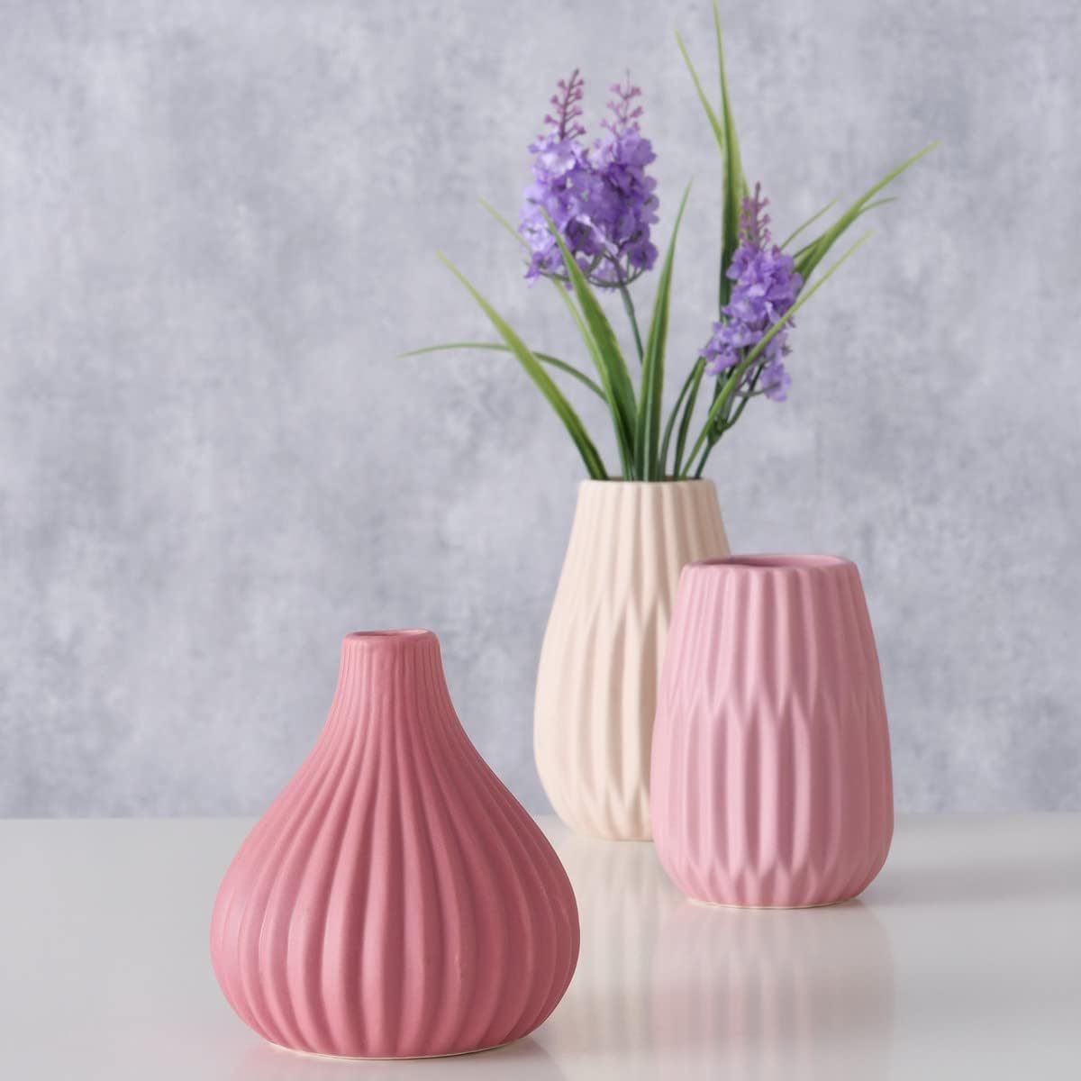 Iconic Scandi – Jarrones para bebé, juego de 3, pantuflas de ballet empapadas de color y rosa rosa, beige, esmalte mate, estriado, gres, 4.25