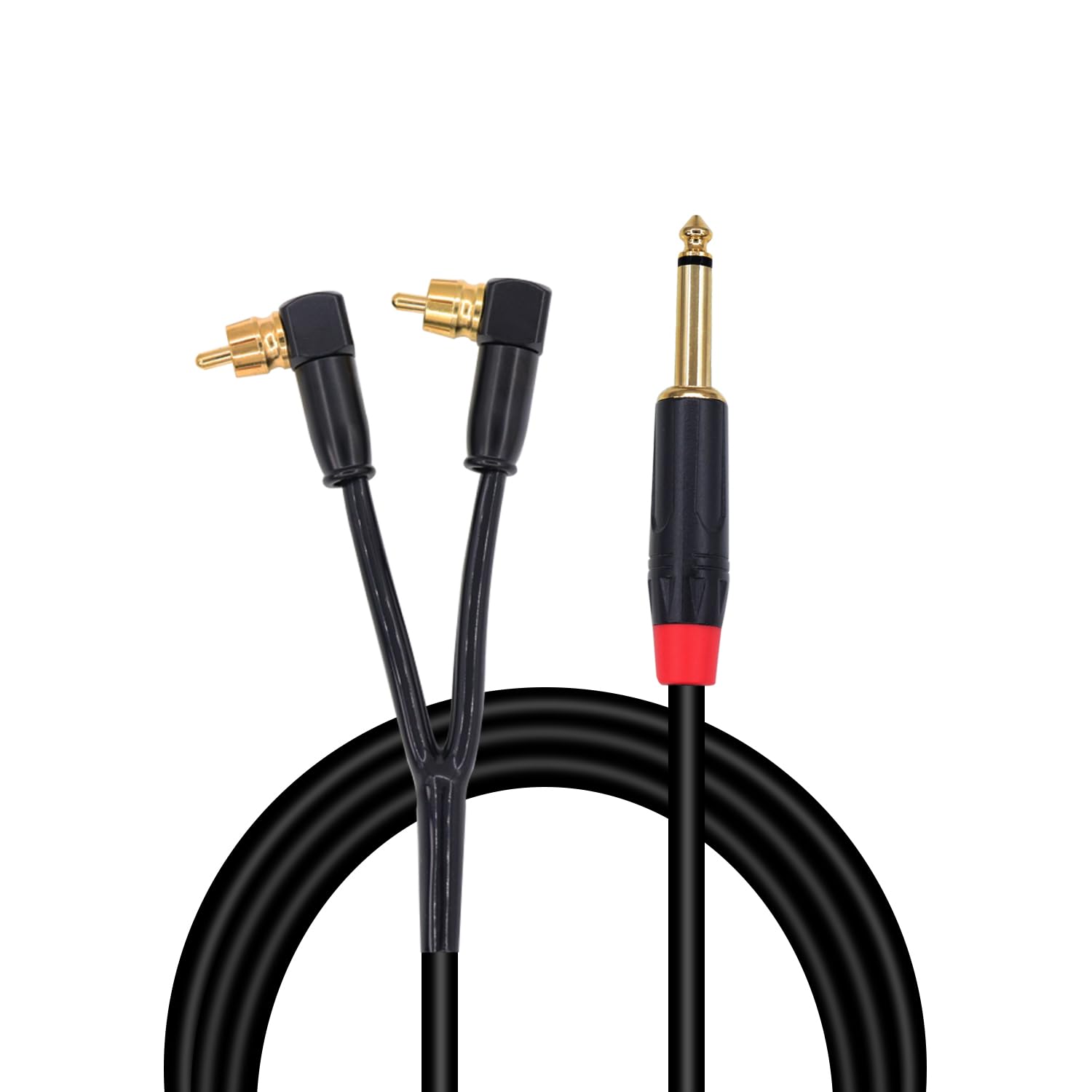 RIIEYOCA Cable de audio TS a RCA dual de 14 de pulgada, chapado en oro, conector TS macho de 0.250 in a ángulo recto 2 RCA Phono macho estéreo Y