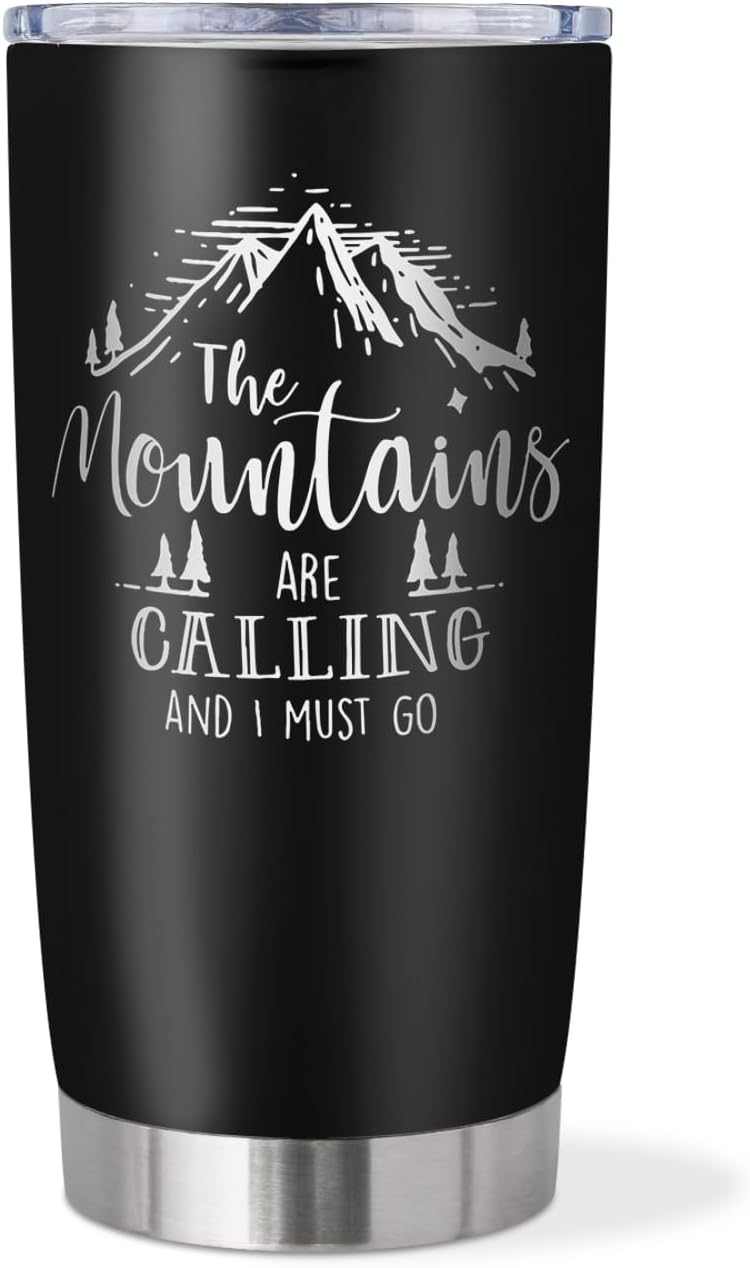 El mejor regalo para los amantes del aire libre, The Mountains Are Calling, vaso de 20 onzas, regalos para entusiastas del aire libre, taza de café