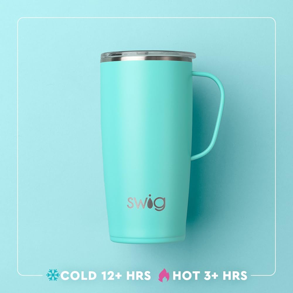 Swig Life – Taza de café de viaje de 22 onzas, vaso con aislamiento térmico con asa y tapa, para portavasos y lavavajillas, de acero inoxidable (All