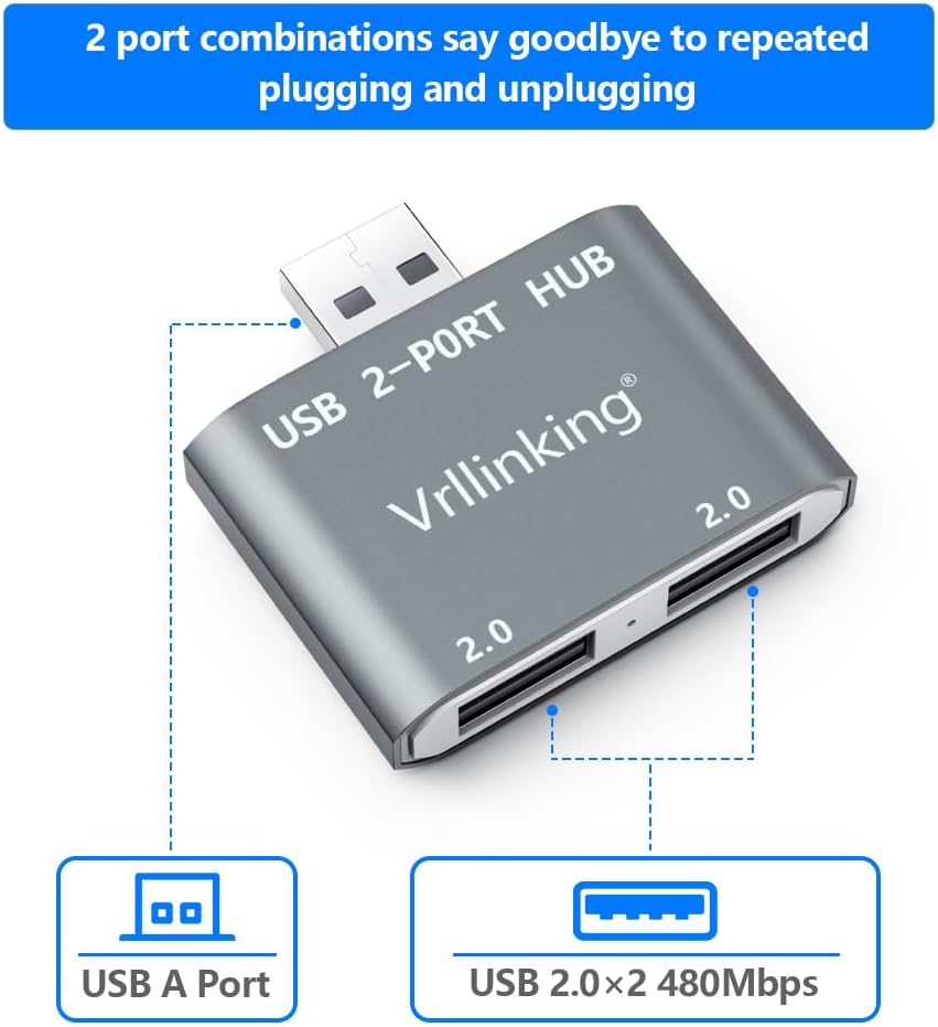 Hub USB, 2 puertos USB 2.0 Hub para portátil, 2 puertos USB Splitter USB Expander para iMac Pro, MacBook Air, Mac MiniPro, WindowsNotebook PC,