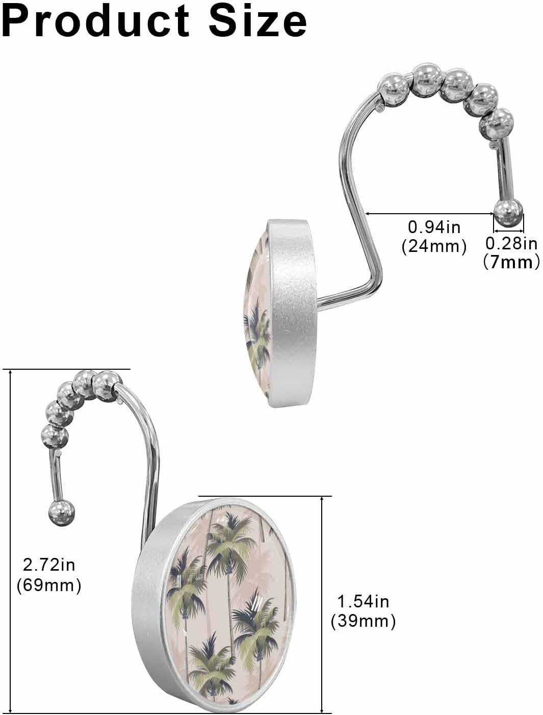 Juego de 12 ganchos para cortina de ducha con palmeras de plantas tropicales, palmeras de verano, playa, anillos de cortina de ducha de cristal para